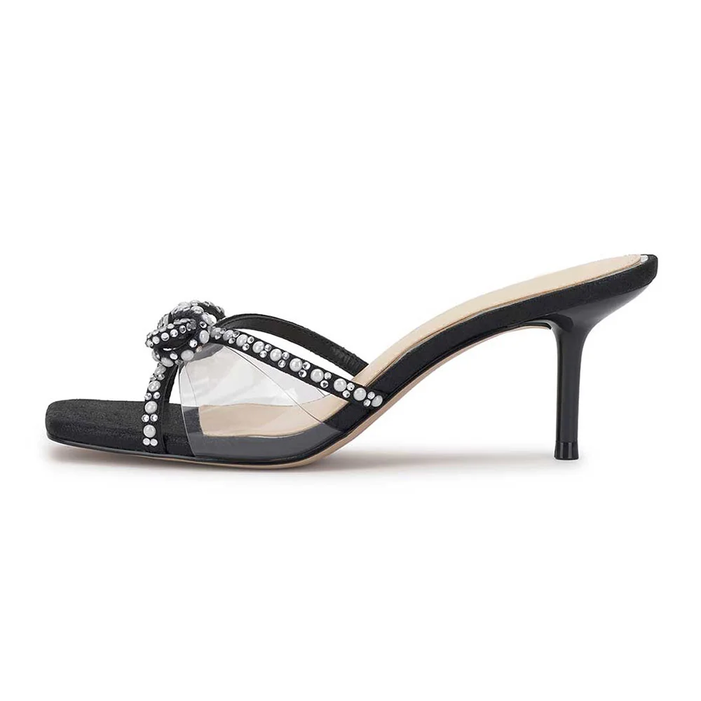 Black Open-Toe Pearl and Rhinestone Bow Stiletto Heel Slide Sandals