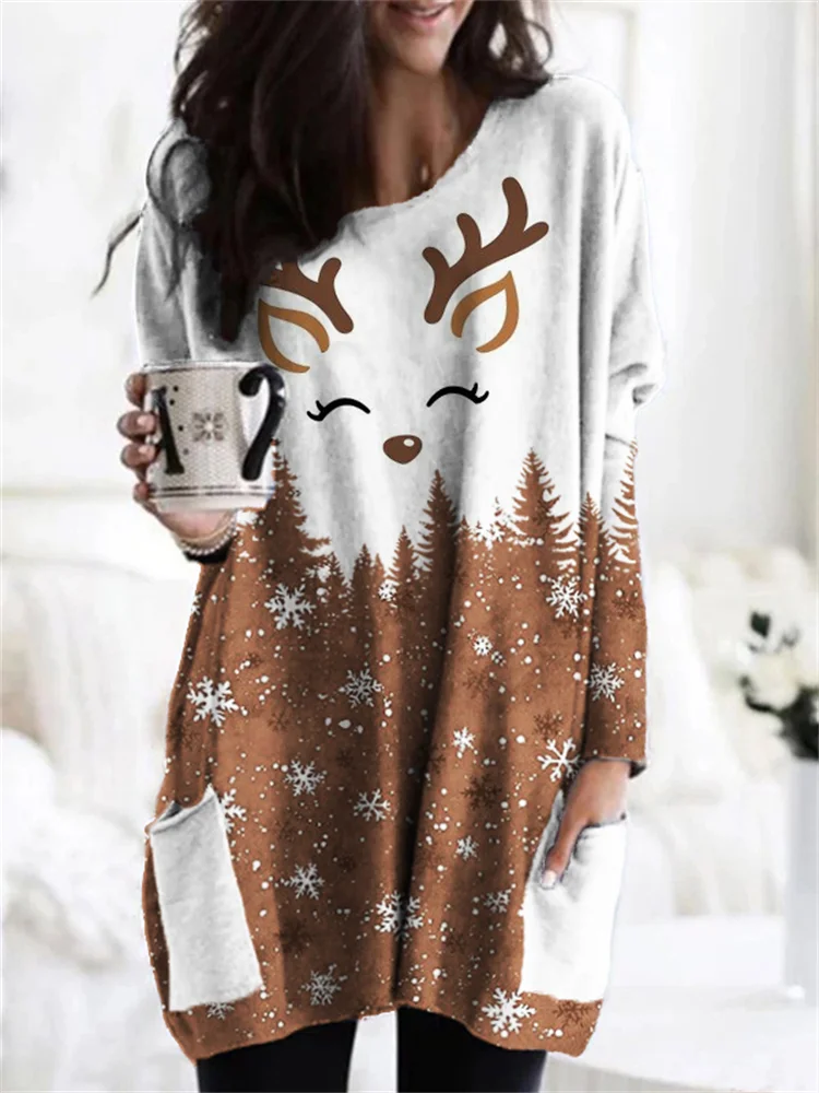 Wearshes Christmas Reindeer Face Snowy Forest Contrast Cozy Tunic