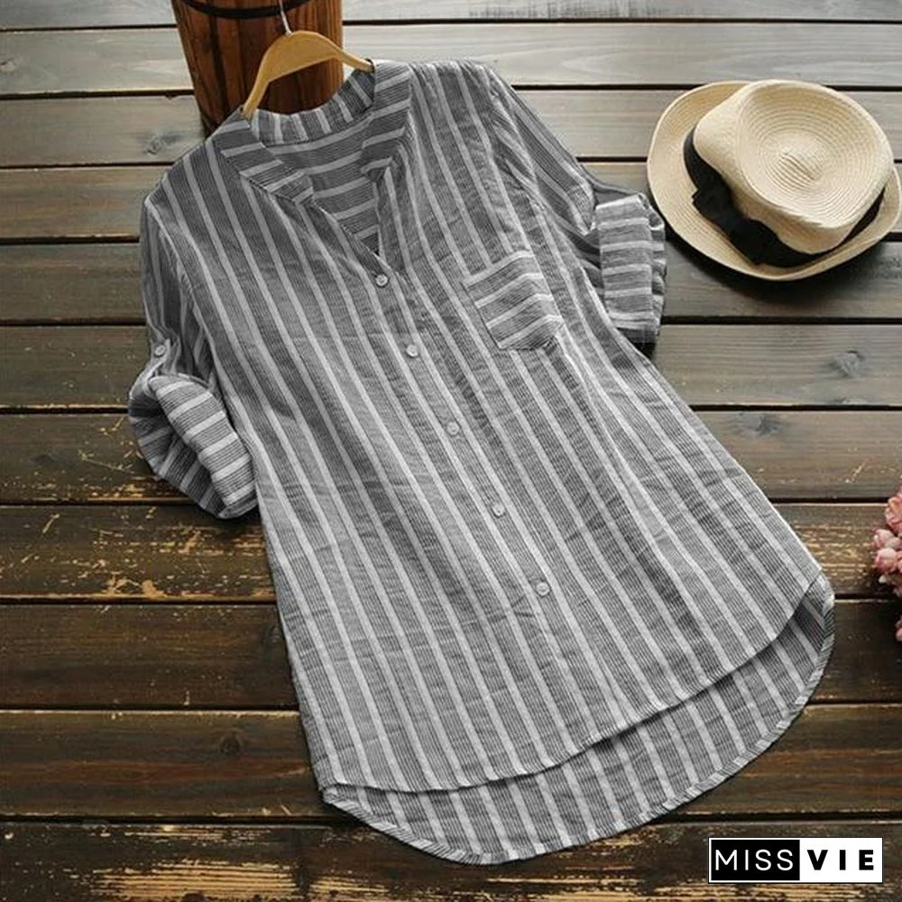 Plus Size Women Striped Blouse Tops Casual Work Shirts Elegant V Neck Blouse