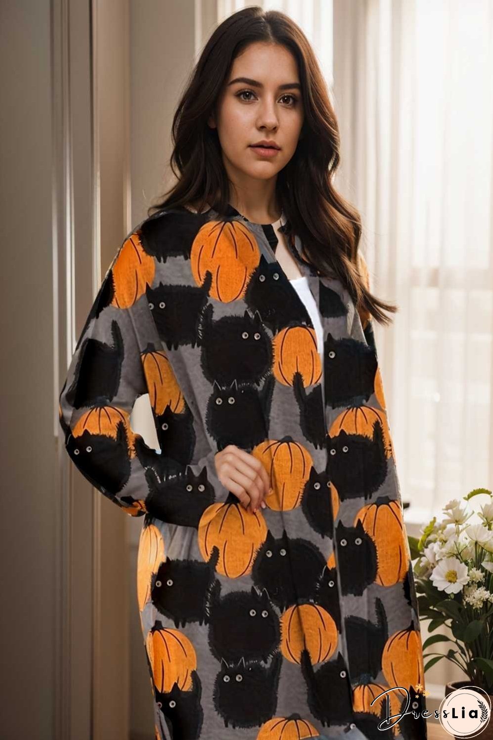 plus size halloween coat women s pus allover cat pumpkin print long sleeve open front medium stretch cardigan overcoat