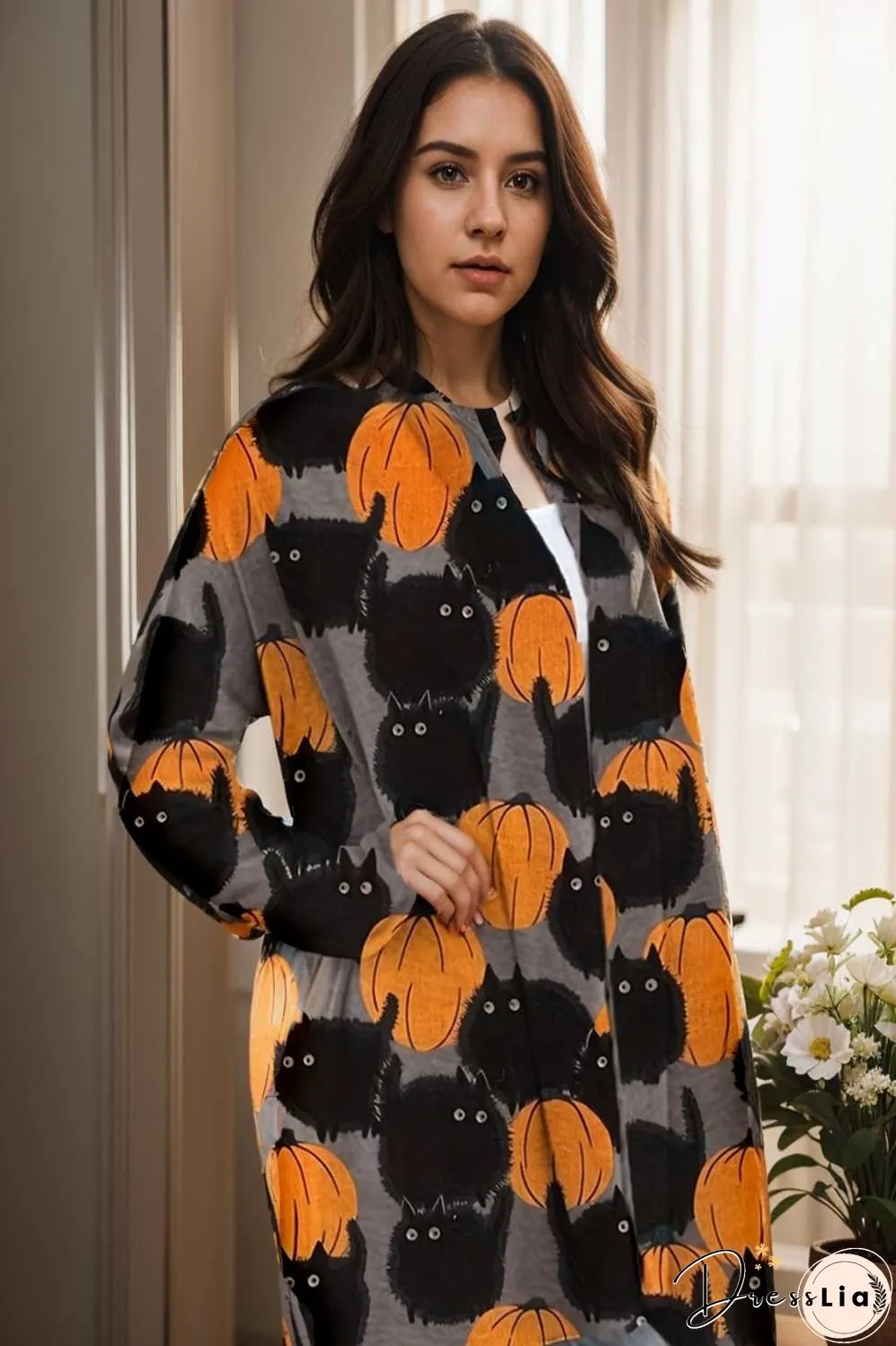 plus size halloween coat women s pus allover cat pumpkin print long sleeve open front medium stretch cardigan overcoat