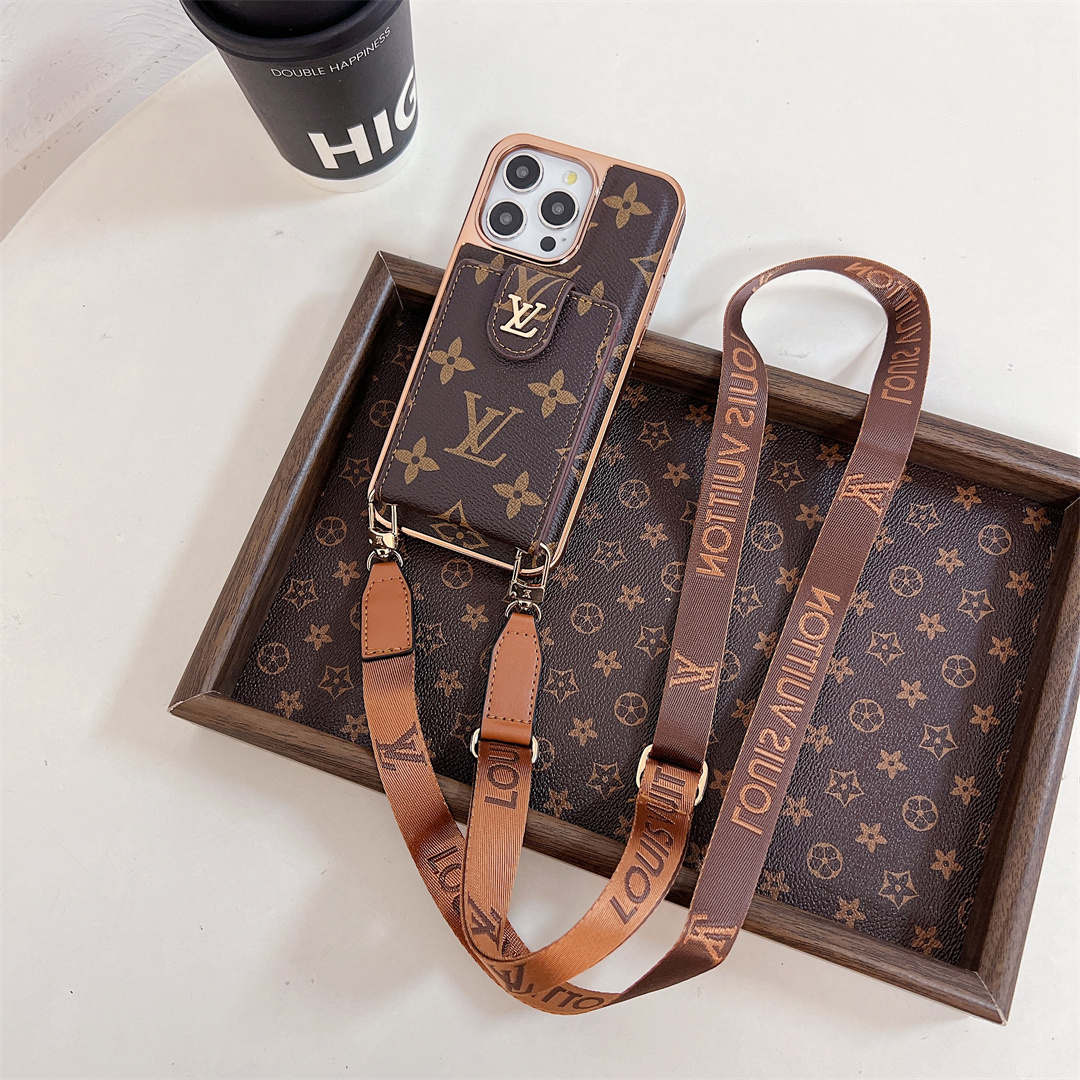 LV Luxury Electroplating Monogram Canvas Card Holder Crossbody Apple iPhone Case