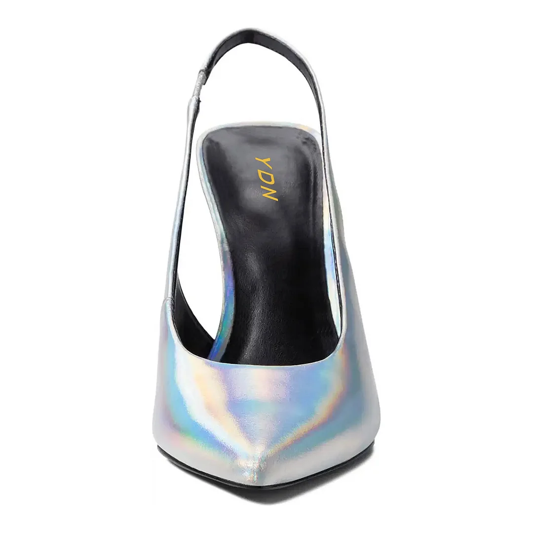 Women's Silver Holographic Flared Heel Pointed Toe Slingback Pumps