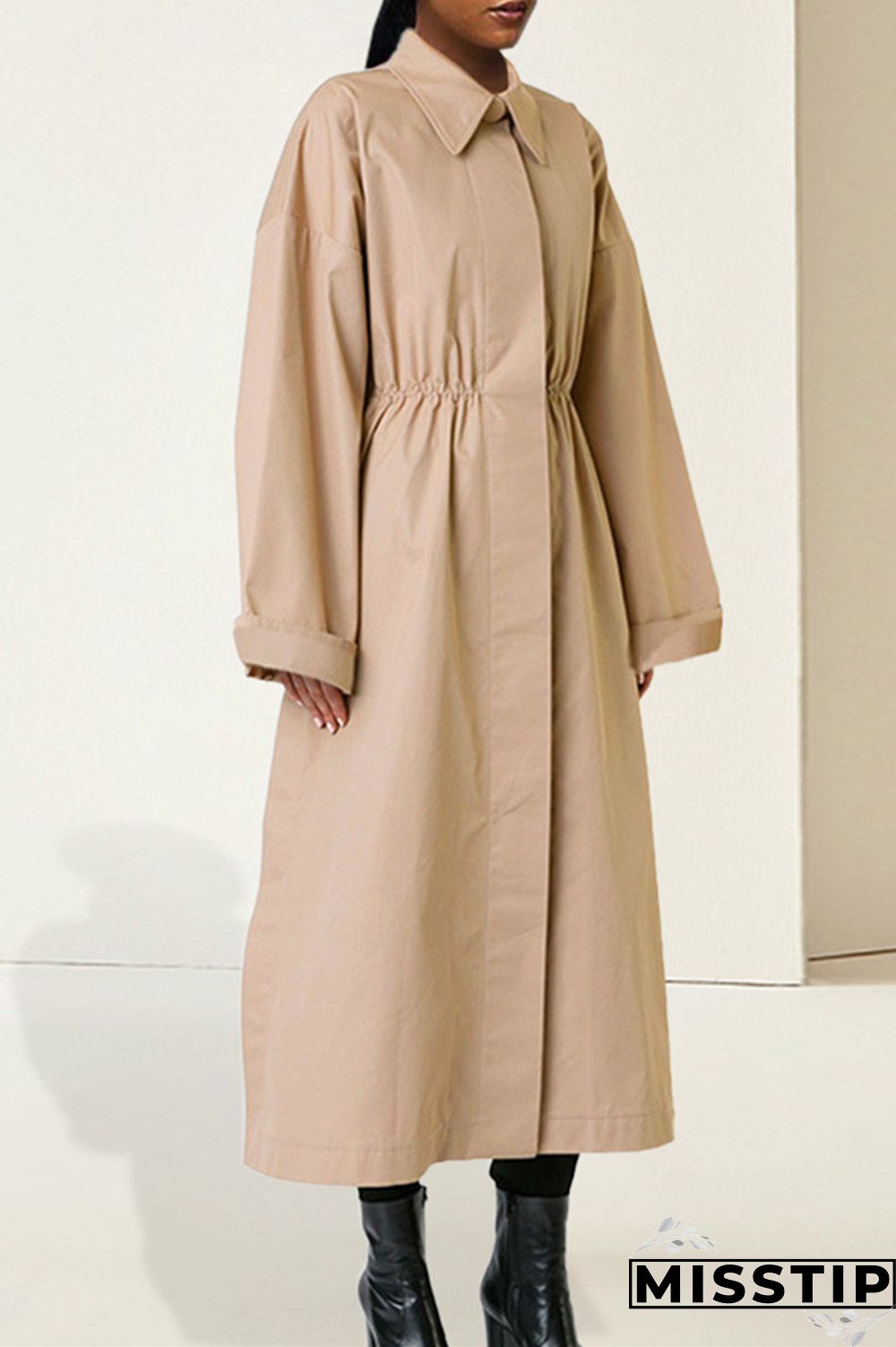 Khaki Fashion Casual Solid Basic Turndown Collar Long Sleeve A Line Dresses