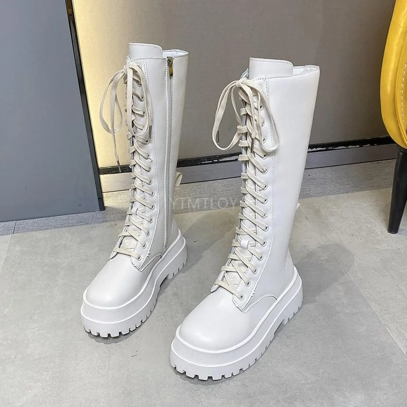 2021 New Thicken Winter Knight Boots Women Knee High Long Square Heel Retro Thick Motorcycle Black White Botas Mujer