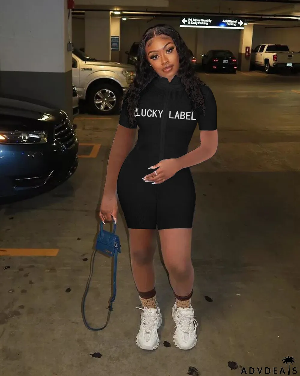 Turtleneck Threaded Letter Zipper Jumpsuit