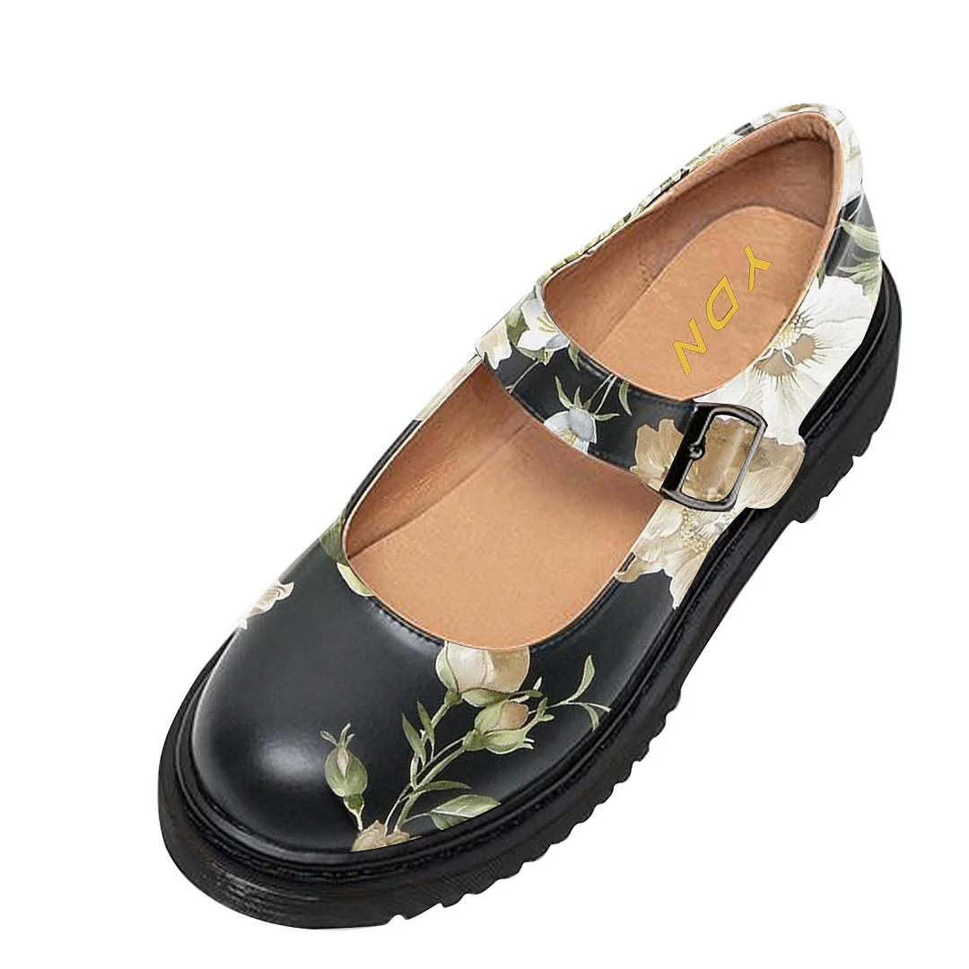 Black Vegan Leather Round Toe Colorful Floral Printed Mary Janes 
