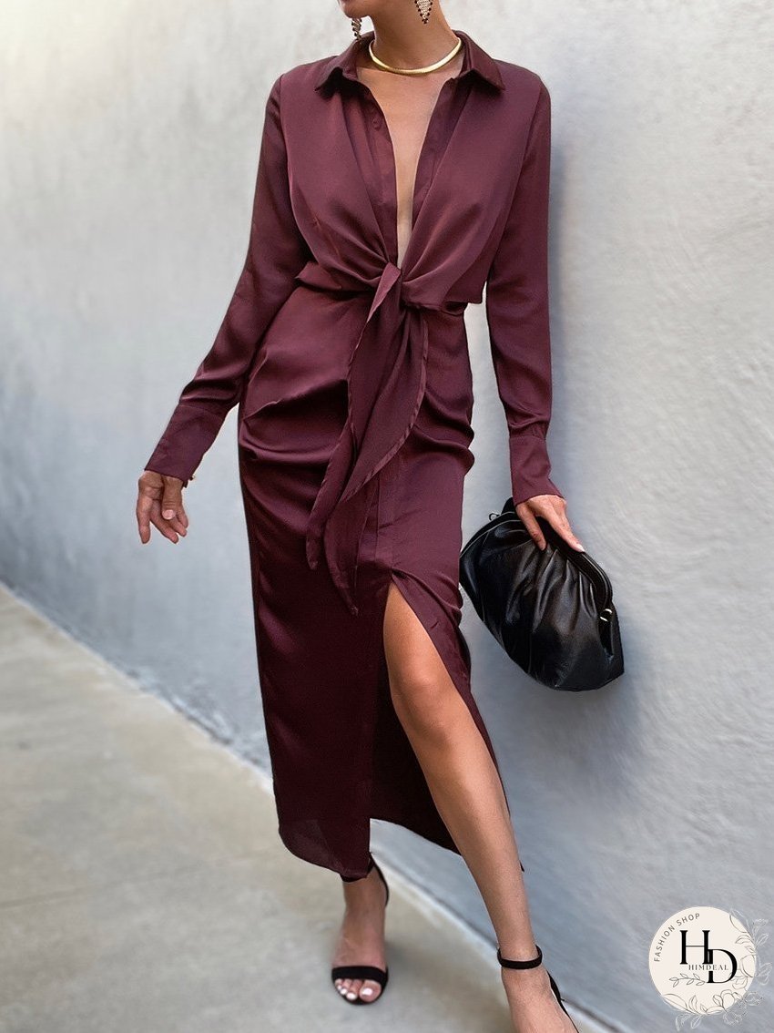Dresses Fashionable Deep V-Neck Forged Face Lace-Up Slit Dress for Women