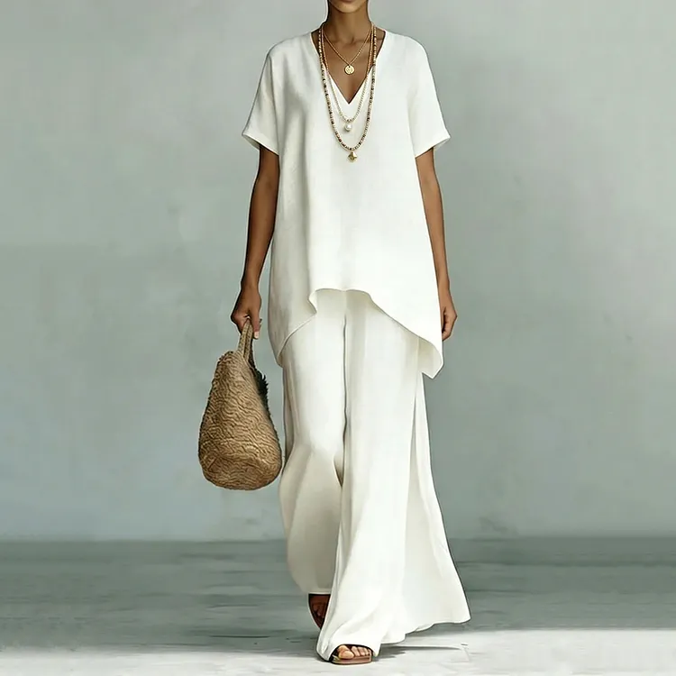 Linen V-neck Short-sleeved Loose Top And Wide-leg Pants Two-piece Set