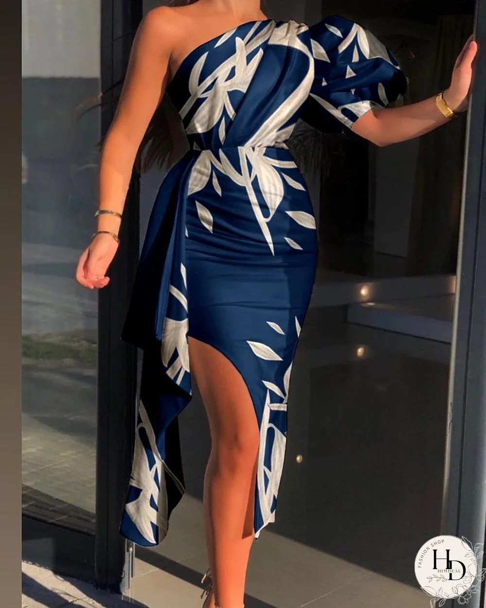 Tropical Print One Shoulder Puff Sleeve Slit Dress