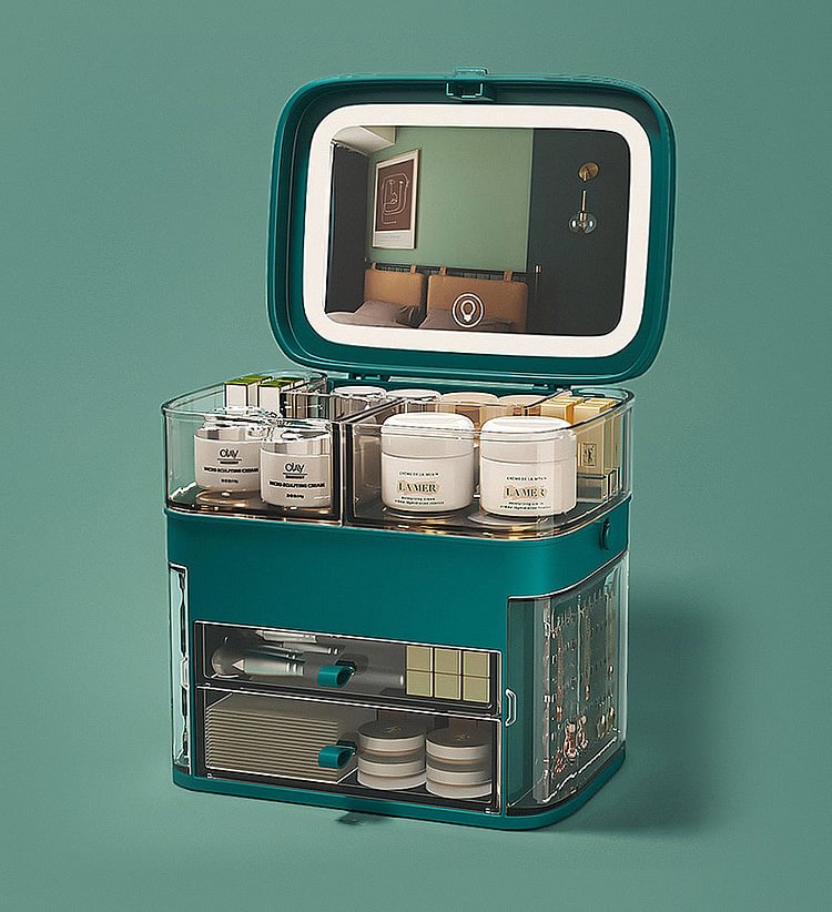 Cosmetic and Jewelry Storage Box With LED Makeup Mirror