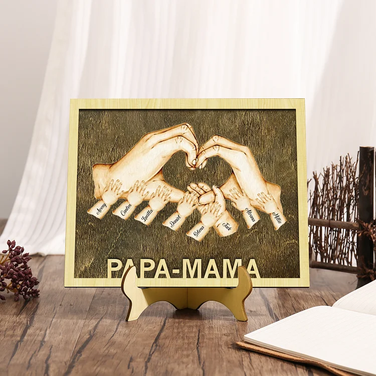 Kettenmachen PAPA-MAMA Holz Deko-Personalisierbare 8 Namen Ornament Familie Hand in Hand Holzdekoration für Eltern