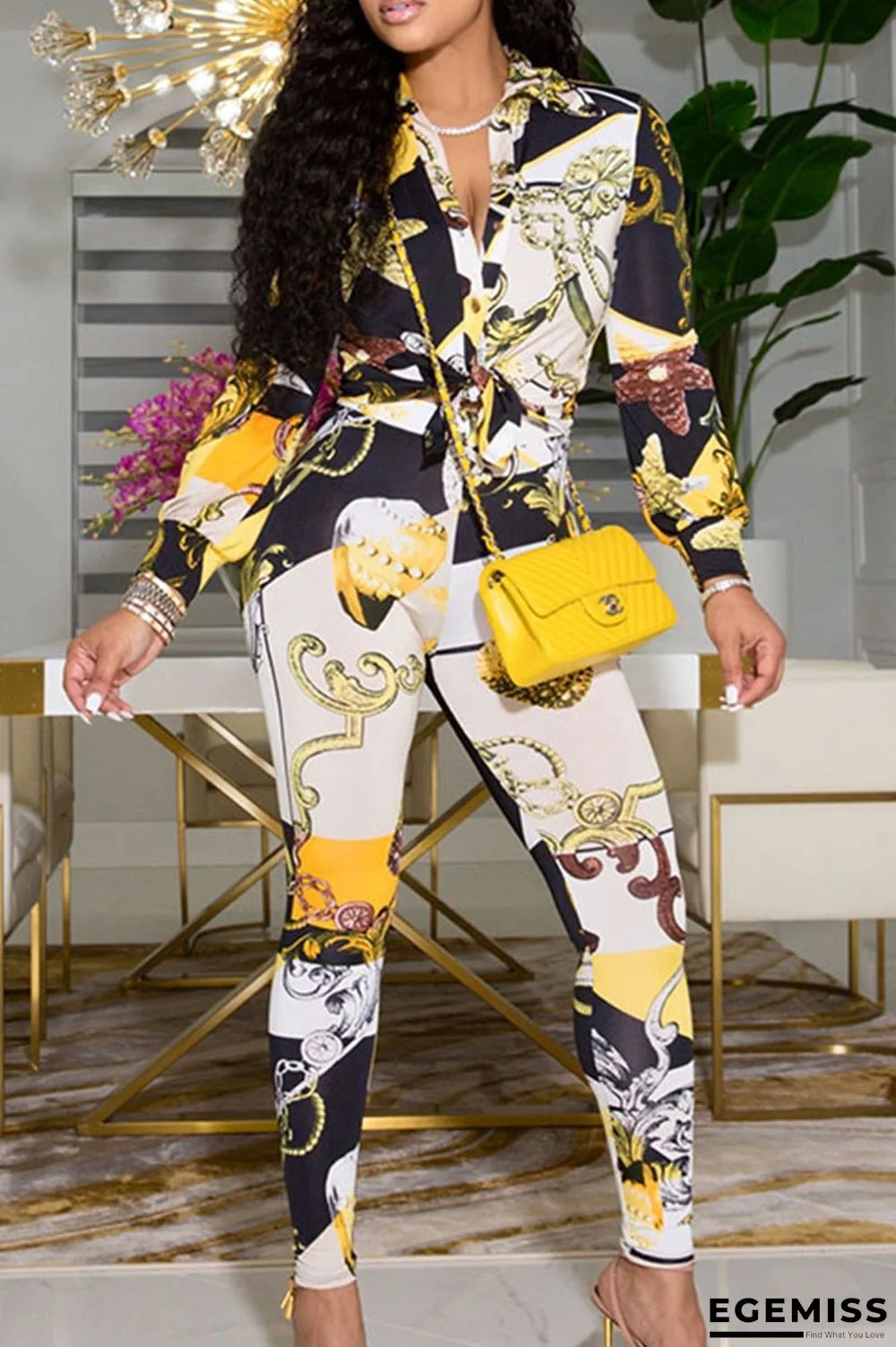 Black Yellow Street Print Patchwork Shirt Collar Long Sleeve Two Pieces | EGEMISS