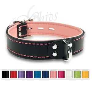 pornhint Pornhint Black Leather Collar with Pink Lining and Locking Buckle - Choice of Front Piece & Stitching Color