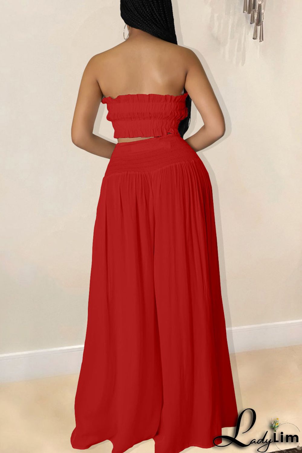 Red Sexy Solid Split Joint Stringy Selvedge Strapless Sleeveless Two Pieces