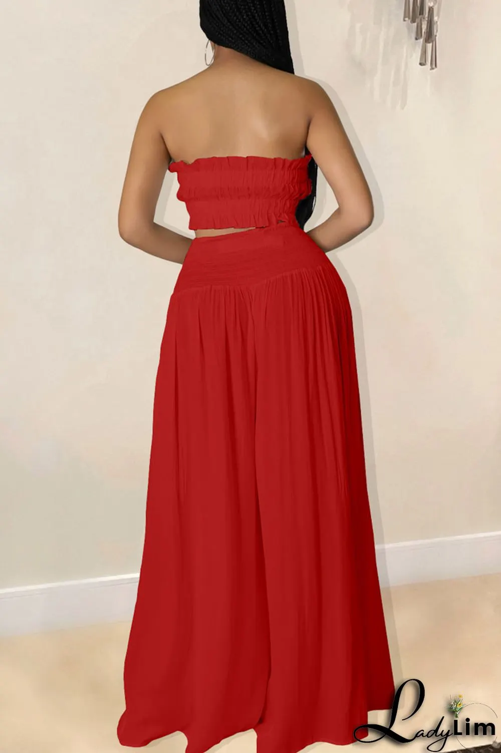 Red Sexy Solid Split Joint Stringy Selvedge Strapless Sleeveless Two Pieces