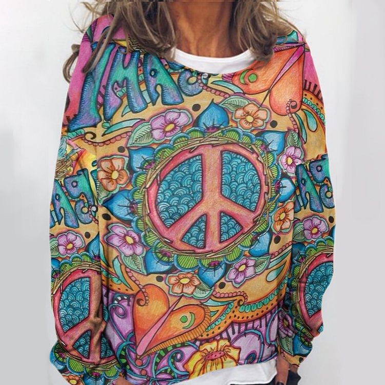 Hippie Peace Print Casual Sweatshirt