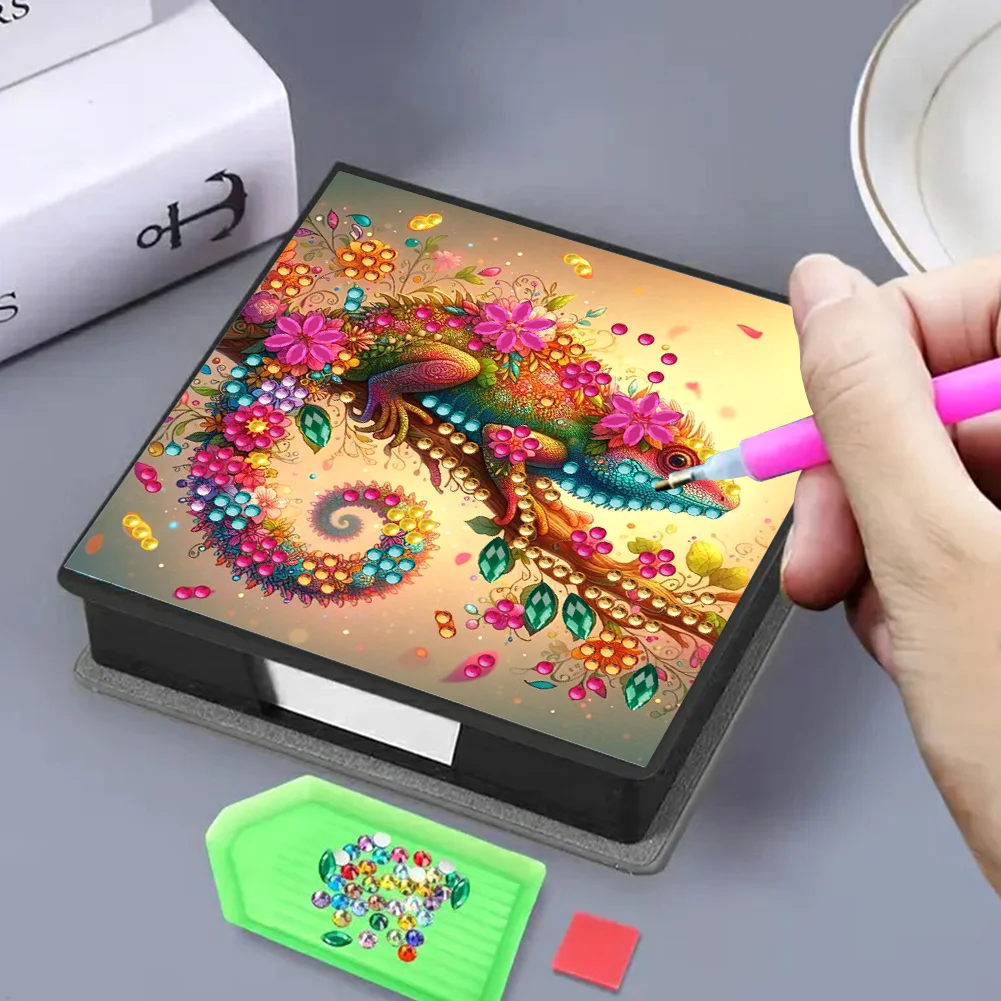 PU Lizard Diamond Painting Notecard Box with Papers for DIY Art Craft