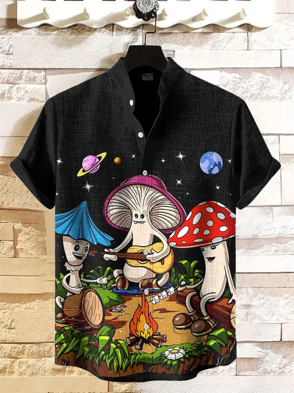 Men's Hippie Magic Mushroom Print Casual Linen Blend Shirt