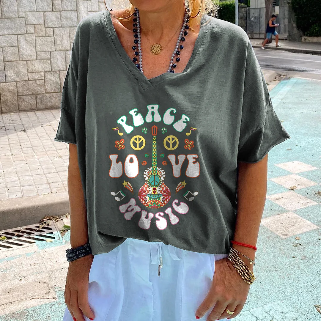 Oversize Floral Guitar Peace Love Music Printed Graphic Tees