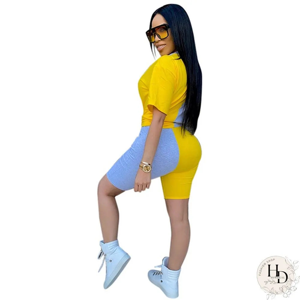 New Fashion Women Solid Sporting Casual Two Piece Set Short Sleeve Tee Top Biker Shorts