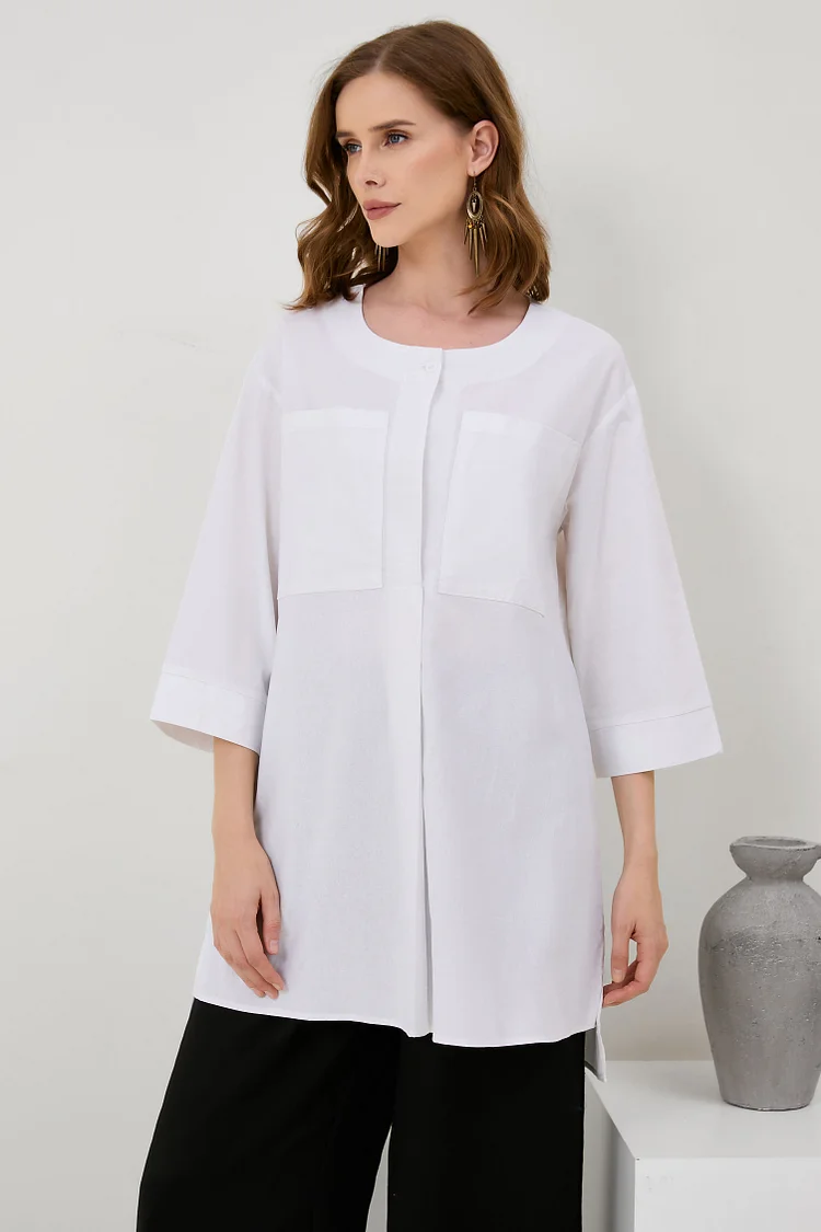 Womens Cotton Linen Pocket Fashion Shirt
