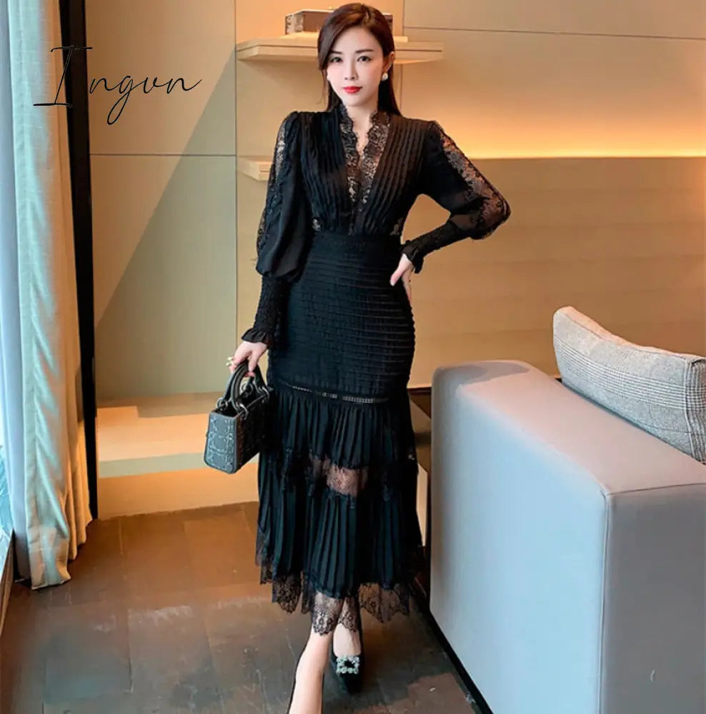 Ingvn - Fashion Runway Women Pleated Party Dress Spring Sexy V Neck Lantern Sleeve Chiffon