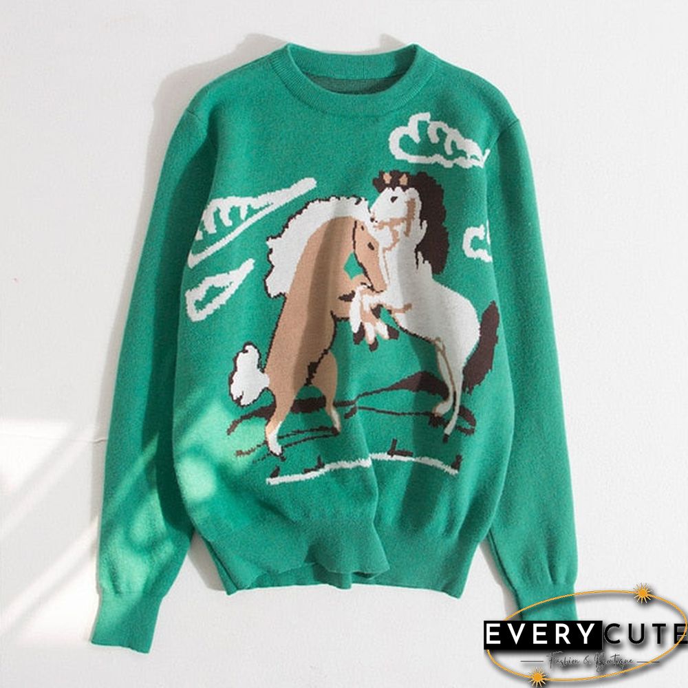 High Quality Runway Designer Cat Print Knitted Sweaters Pullovers Women Autumn Winter Long