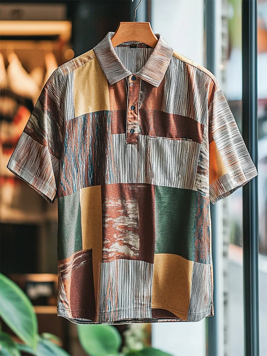 Men's Business Casual Stripe Print Button Short Sleeve Polo Shirt 