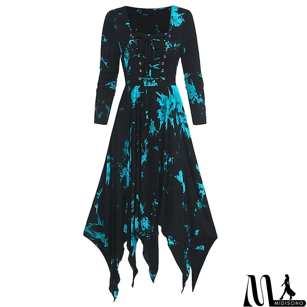 MidiSono - Women\u2018s Halloween Dress Retro 1950s Vintage Dress Midi Dress Halloween Daily Drawstring Print Tie Dye Crew Neck 3\/4 Length Sleeve Regular Fit Spring Fall Red Blue S M L XL