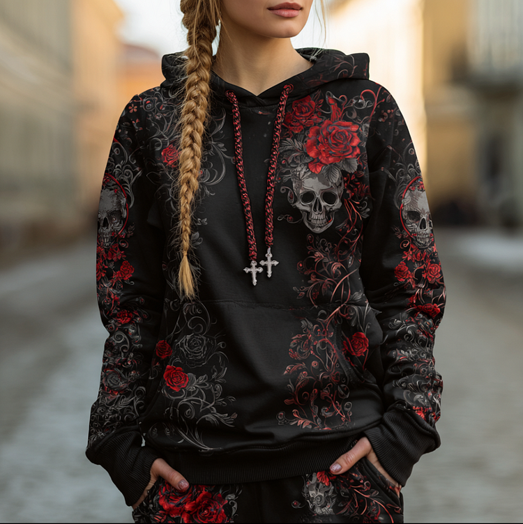 Halloween Dark Lady Skull And Red Rose Pattern Printed Long-sleeve Hooded Sweatshirt