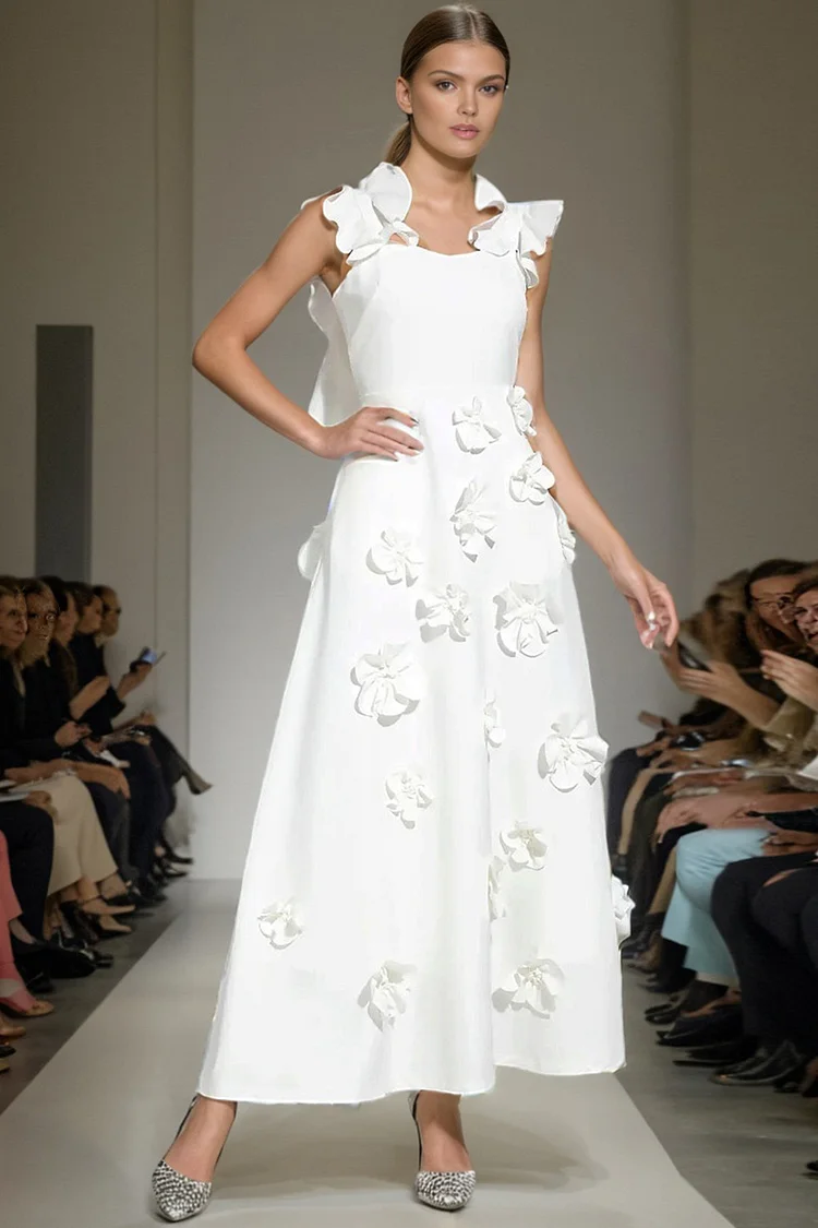Semi Formal White 3D Floral Ruffle Sleeveless Maxi Dress
