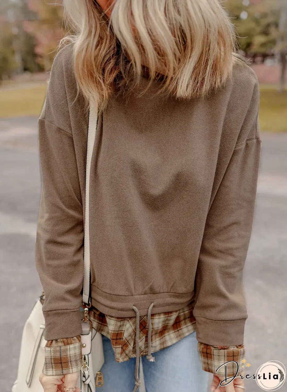 Drawstring Plaid Turtleneck Long Sleeve Top