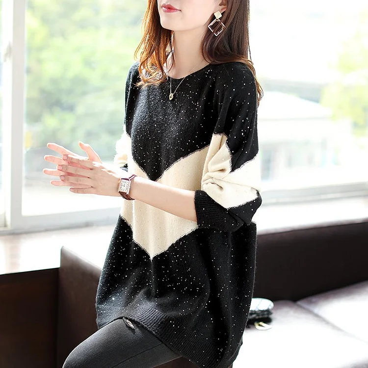 Black Casual Color-Block Shift Sweater QueenFunky