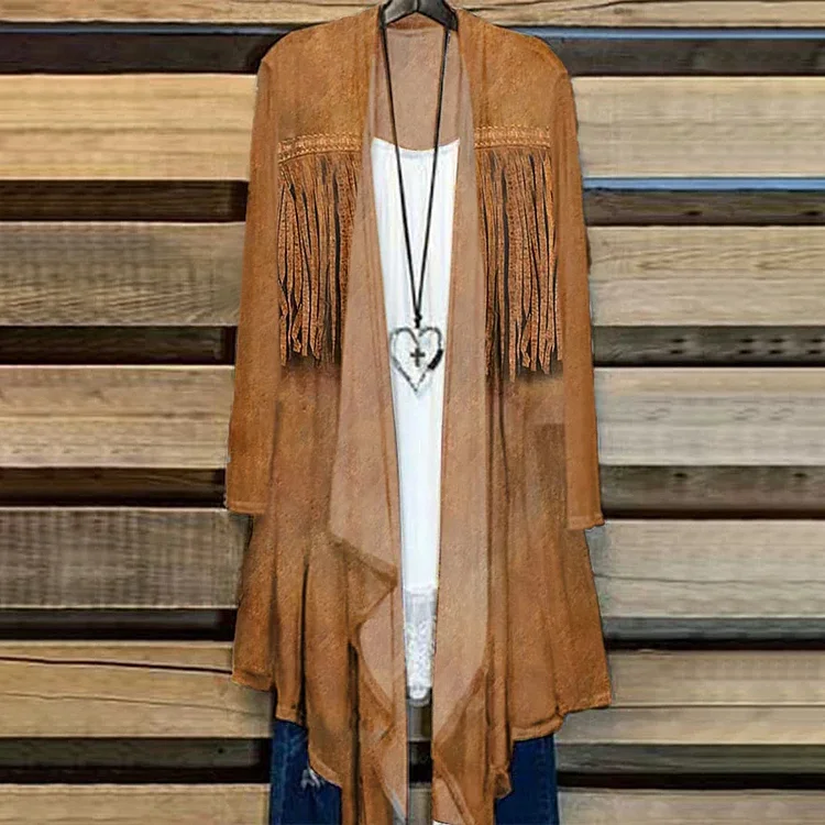 VChics Western Fringe Print Kimono