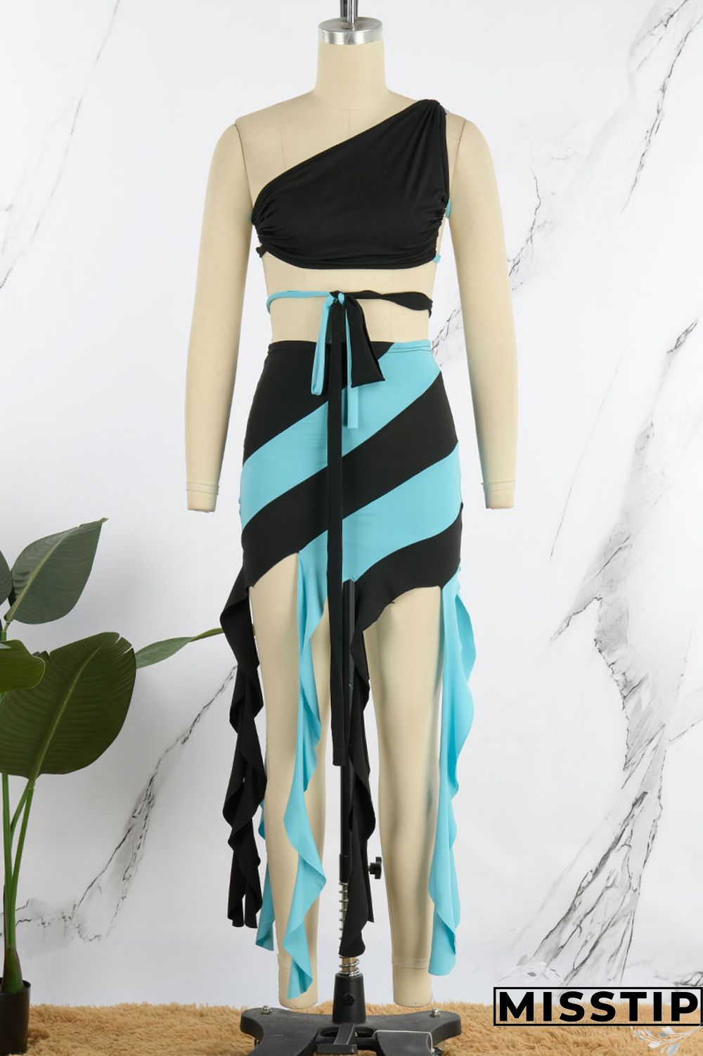 Orange Pink Sexy Print Tassel Bandage Patchwork Oblique Collar Sleeveless Two Pieces