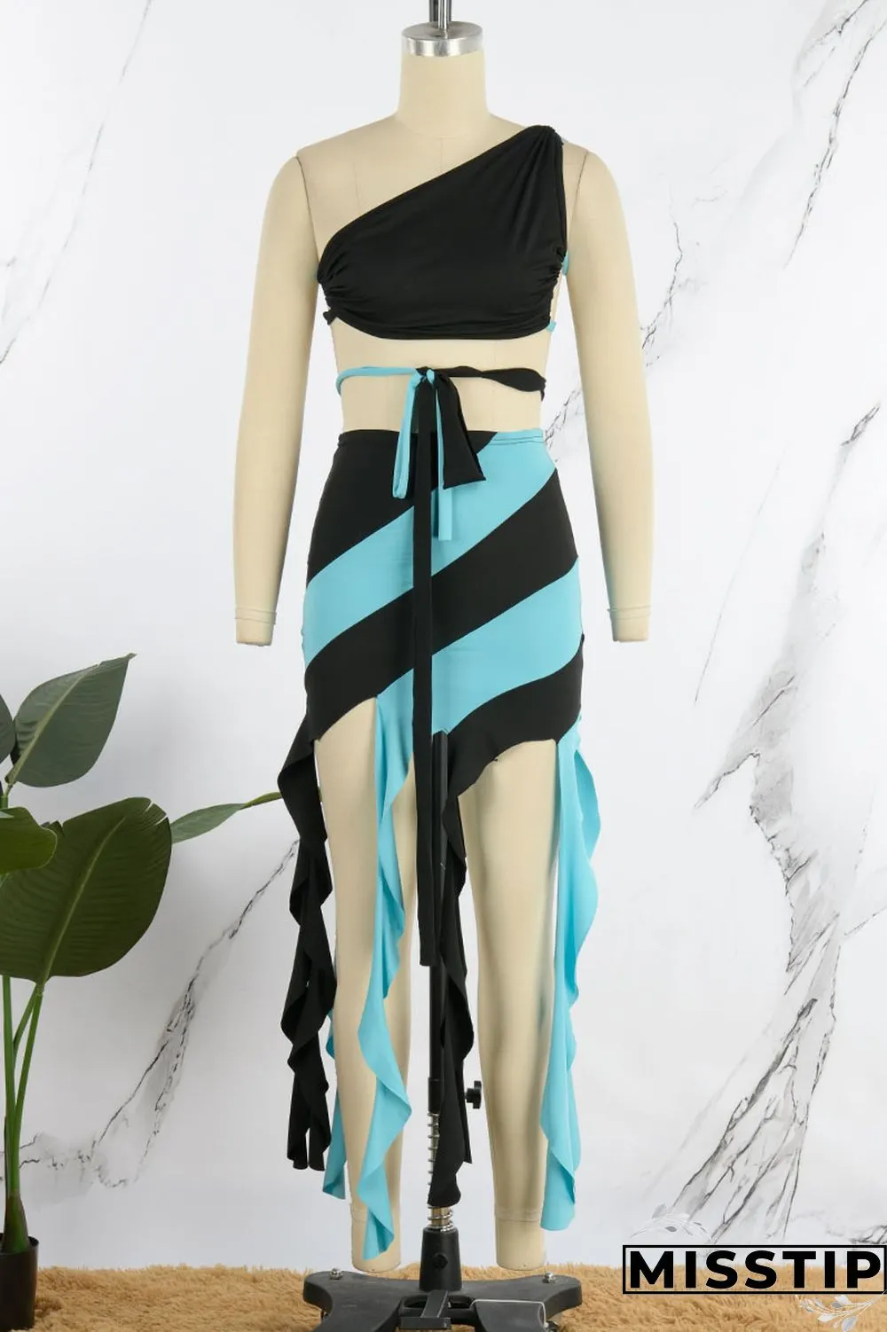 Orange Pink Sexy Print Tassel Bandage Patchwork Oblique Collar Sleeveless Two Pieces