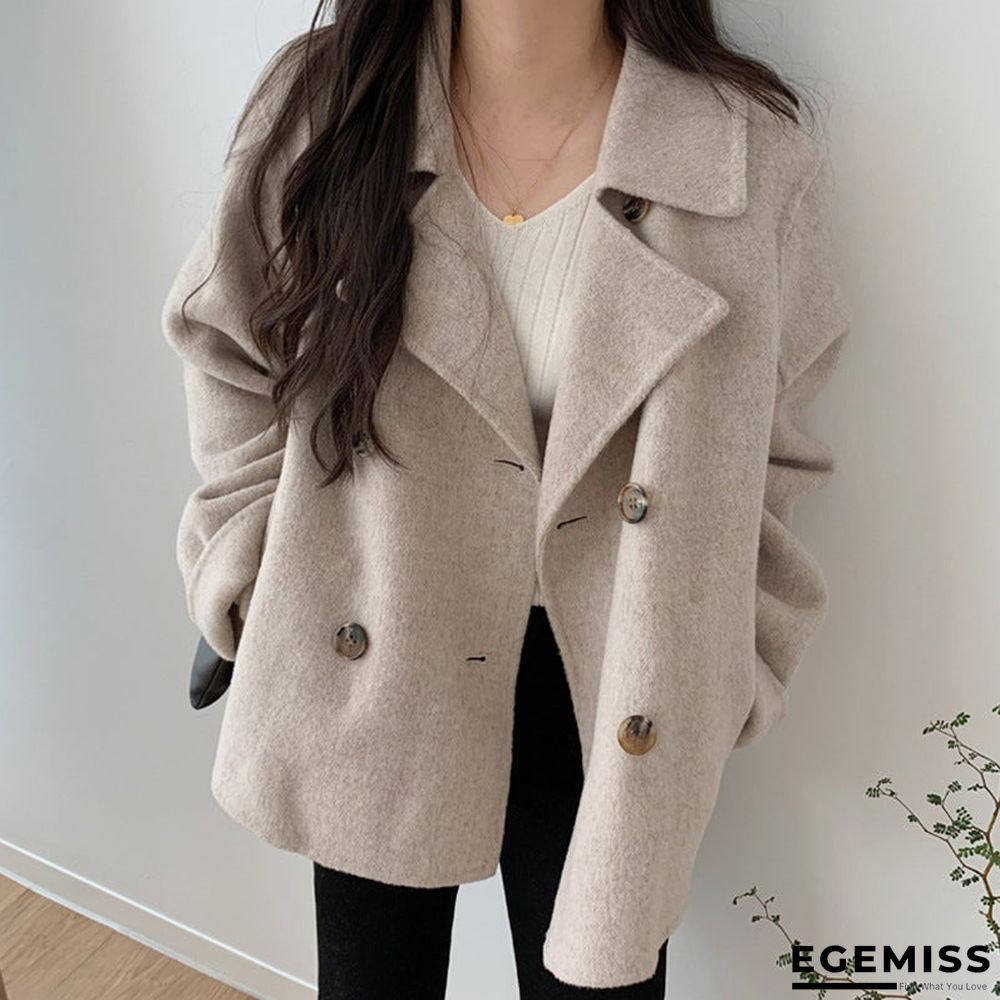 Autumn and Winter Temperament Large Lapel Pocket Double Breasted Loose Short Wool Coat | EGEMISS