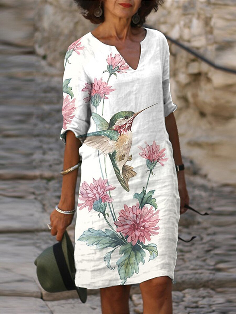 V-neck Line Print Loose Short Sleeve Shift Dress