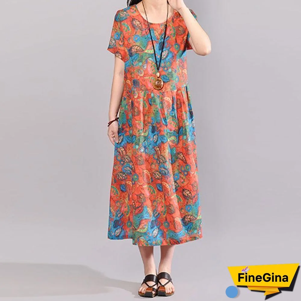 baggy natural cotton dress Loose fitting Short Sleeve Printed Summer Round Neck Dress