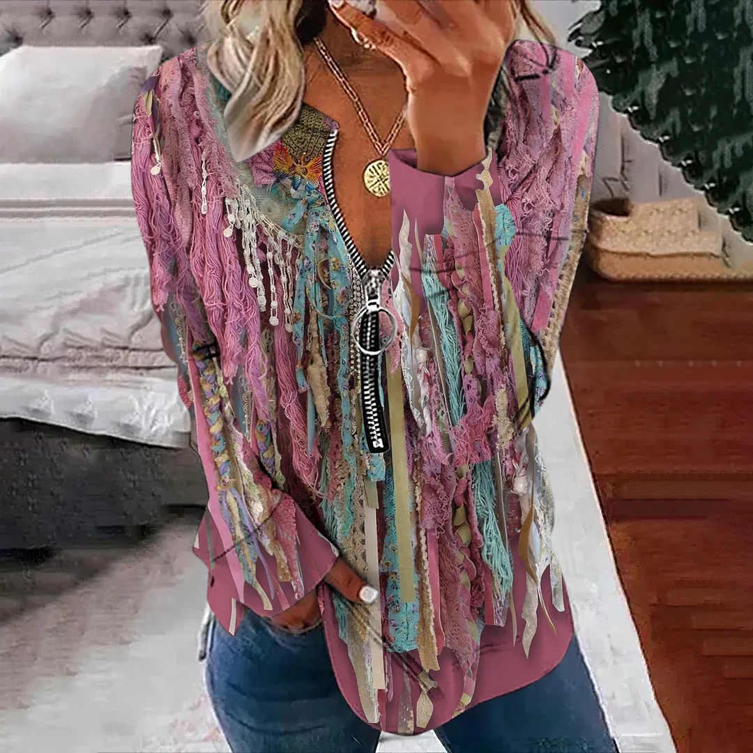 Western Tassel Print V-Neck Zipper Long Sleeved Sweatshirt