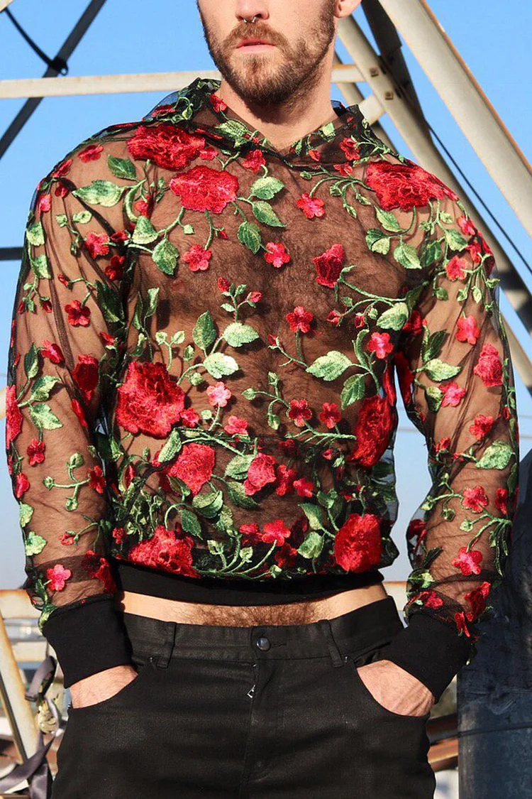 Ciciful See Through Mesh Floral Embroidery Long Sleeve Hoodie
