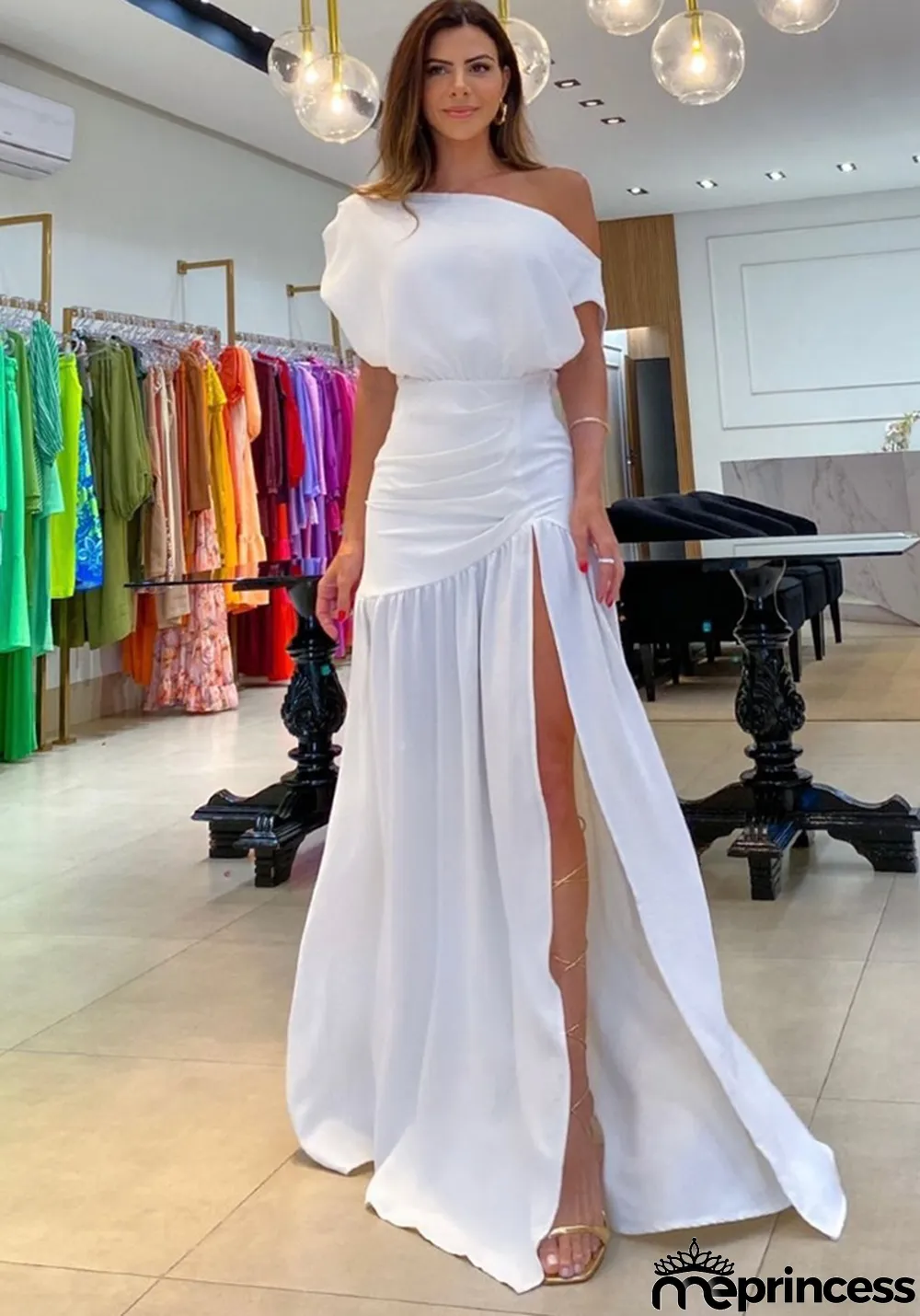 Solid Sexy Slash Shoulder Off-Shoulder Slim Waist Slit Gown Dress
