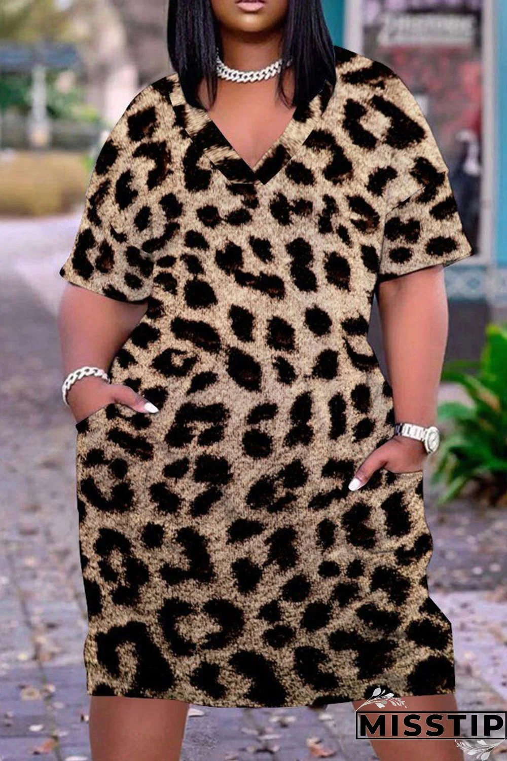 White Fashion Casual Print Leopard Basic V Neck Short Sleeve Dress