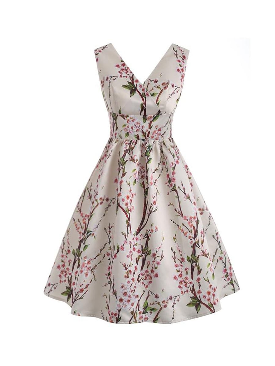50s Pin-Up Retro Style High Waist Floral Wrap Dress Women V Neck Sleeveless Pleated Vintage Dresses