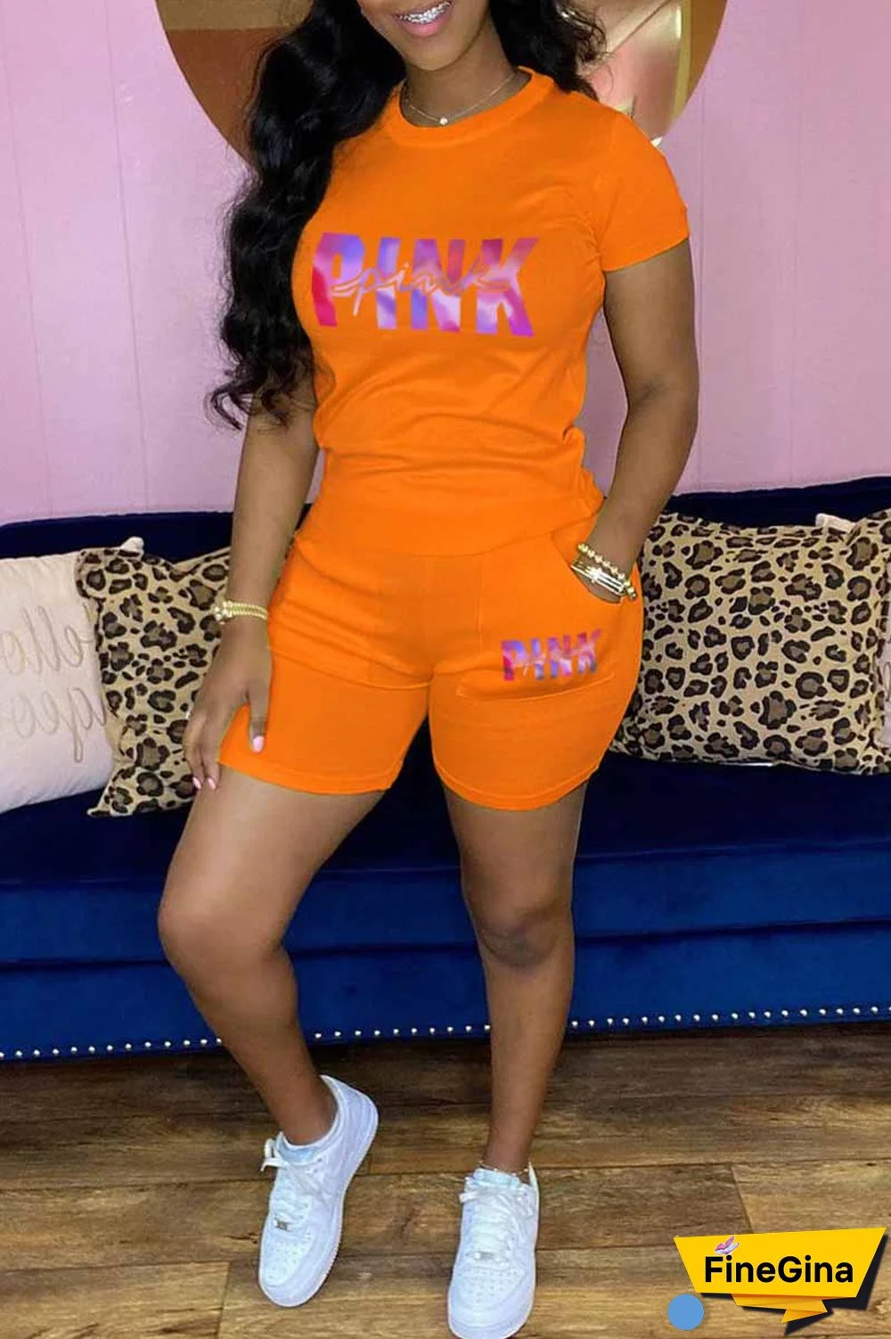 Burgundy Casual Print Letter O Neck Short Sleeve Two Pieces