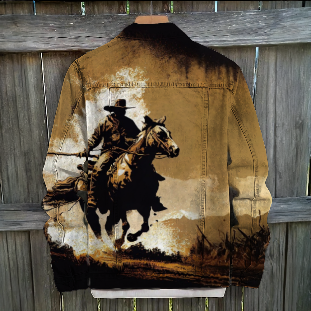  Cowboy Rider Print Denim Jacket - Western Style Fashion for Men