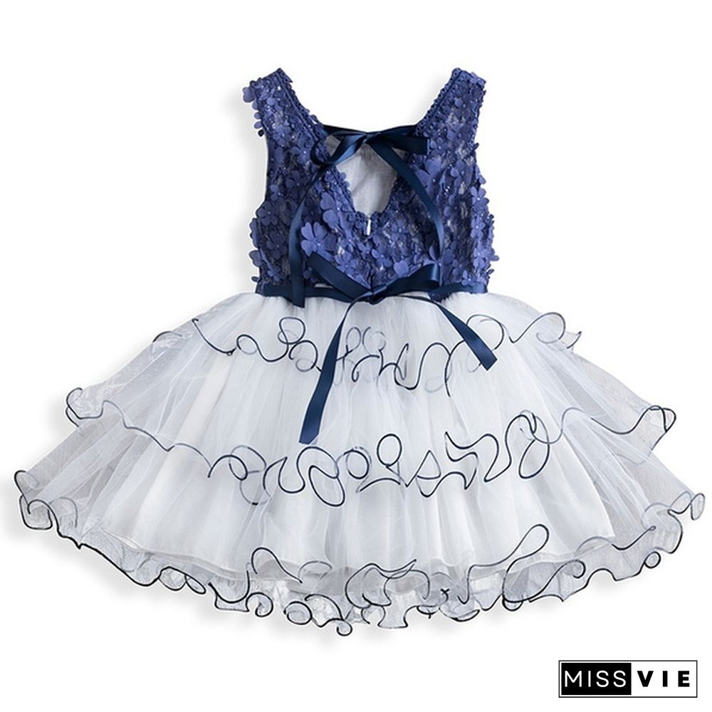 Girl's Fashion Backless Dress Appliques Flower Clothes Layered Mesh Princess Dress for Summer Beach Casual Wear 2 Styles