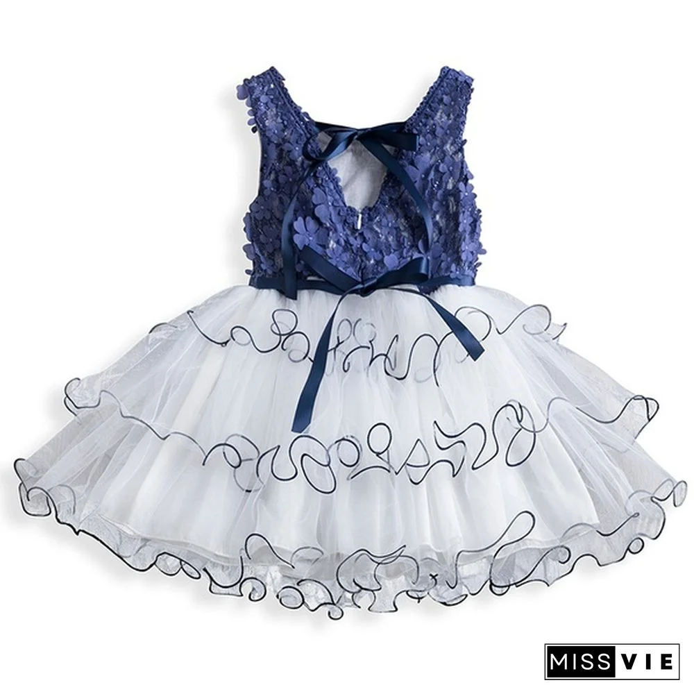 Girl's Fashion Backless Dress Appliques Flower Clothes Layered Mesh Princess Dress for Summer Beach Casual Wear 2 Styles