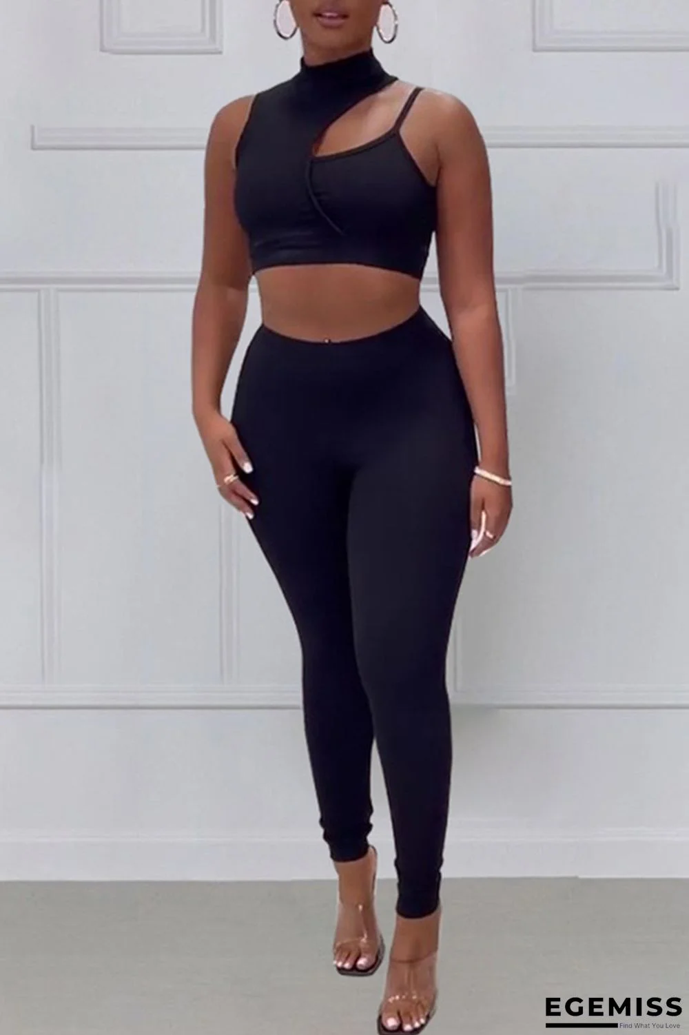 Black Fashion Sexy Solid Hollowed Out Patchwork Turtleneck Sleeveless Two Pieces | EGEMISS